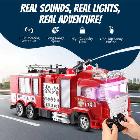 RC Rescue Fire Engine Toy Truck with lights and sounds, child plays with remote control, real working water cannon pump sprays 10 ft