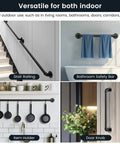 Rock Solid Industrial Pipe Handrail Wall Mounted For Indoor And Outdoor Steps Hella Tough Black Galvanized Metal Vintage Farmhouse Style Heavy Duty Porch Railing Kit used as a stair railing and bathroom safety bar.