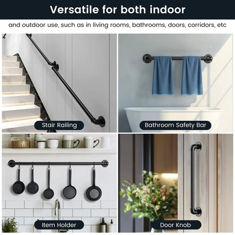 Rock Solid Industrial Pipe Handrail Wall Mounted For Indoor And Outdoor Steps Hella Tough Black Galvanized Metal Vintage Farmhouse Style Heavy Duty Porch Railing Kit used as a stair railing and bathroom safety bar.
