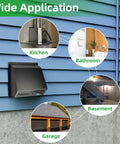 12 Inch Wall Vent Hood With Screen And Damper Cap for outdoor exhaust, shown mounted on exterior wall with application areas.