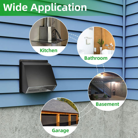 12 Inch Wall Vent Hood With Screen And Damper Cap for outdoor exhaust, shown mounted on exterior wall with application areas.