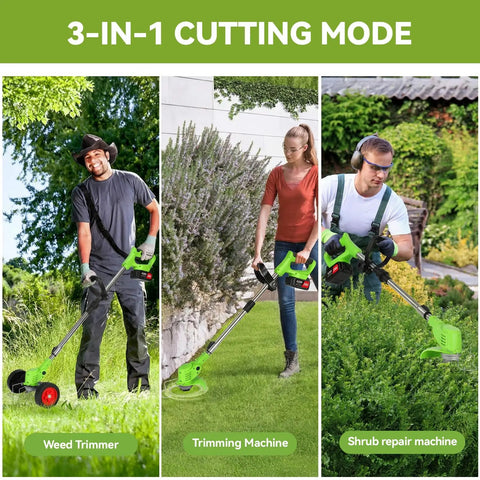 Three people using Cordless Weed Wacker With Blade 24V Power 880W Copper Motor Two 4Ah Batteries And Charger 3 In 1 Lightweight Grass Trimmer