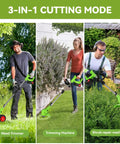 Three users demonstrating Beast Cordless Weed Wacker With Wheels 24V Battery Powered Weed Eater 3 In 1 Electric Grass Trimmer modes
