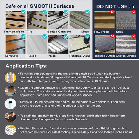 Product guide for Heavy Duty Grippy Non Slip Traction Tape 7 Inch By 35 Feet Waterproof Grip Tape For Indoor And Outdoor Stairs High Traction Anti Skid Grit Roll Cut To Fit Stair Treads Black with usage tips and surfaces compatibility.