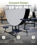 Mobile Folding 60-Inch Round Cafeteria Table With Casters And Eight Attached Stools Commercial Grade Space Saving Multipurpose Table For School Office Breakroom Or Event Use Made In The USA folded view