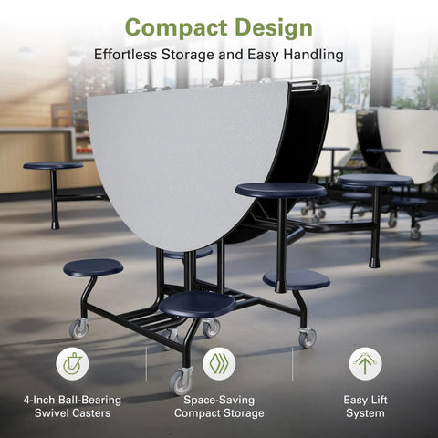 Mobile Folding 60-Inch Round Cafeteria Table With Casters And Eight Attached Stools Commercial Grade Space Saving Multipurpose Table For School Office Breakroom Or Event Use Made In The USA folded view