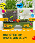 Hands On Kid Friendly Root Viewer Planting Kit With Seeds And Garden Supplies For Home And Classroom STEM Learning Dual Growth Options Soil Or Hydroponic Fun Gifts For Ages 6 And Up showing soil and hydroponic growth of onions and peas.