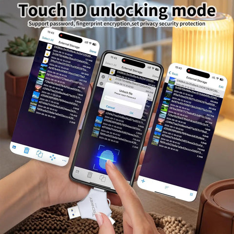 3 In 1 USB Flash Drive For iPhone iPad, 256GB, MFi Certified, Lightning USB C USB A Multi Function Memory Stick, Metal Durable Silver, Fast Transfer And Safe Data Storage. Touch ID unlock screen
