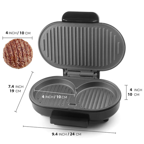 FineMade Double Mini Grill Maker, compact electric panini griddle with nonstick plates for burger patties and sandwiches.