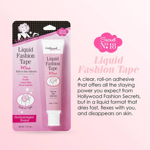 Packaging of Liquid Fashion Tape Roll On Adhesive For Clothes And Skin Safe No Fuss All Day Hold Clear Body Glue For Dresses And Fabric Portable 1 Fl Oz Mess Free Application For Quick Fixes