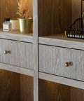 Gray wooden dresser with Antique Brass Cabinet Knob Set 25mm 1 Inch Zinc Alloy Retro Vibe Pulls For Dresser Drawer Wardrobe Furniture 6 Pack Easy Install Vintage Finish Durable Zinc Alloy Construction Anti Rust Coating For Long Lasting Shine And Smooth Feel, showcasing smooth vintage finish and easy installation.