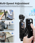 User demonstrating Osmo Pocket 3 Handheld Stabilizer Grip Case and Storage Set for Vlog Creators with multi-speed adjustment settings.