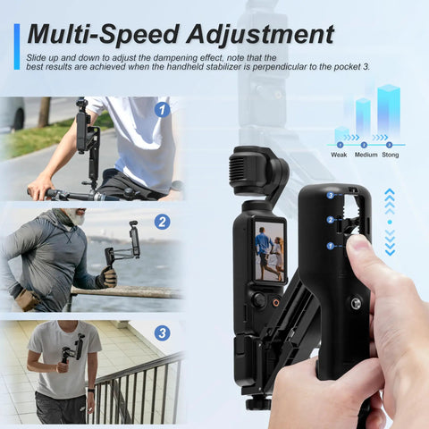 User demonstrating Osmo Pocket 3 Handheld Stabilizer Grip Case and Storage Set for Vlog Creators with multi-speed adjustment settings.