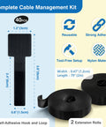 Ultimate Cable Management Kit With 40 Self Adhesive Hook and Loop Ties And 2 Extension Straps showing dimensions and features