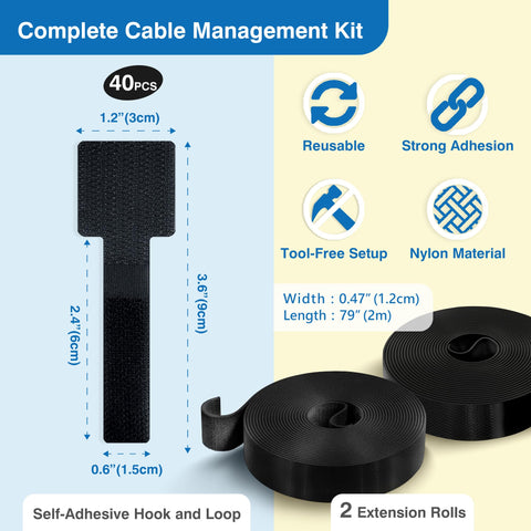 Ultimate Cable Management Kit With 40 Self Adhesive Hook and Loop Ties And 2 Extension Straps showing dimensions and features