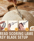 Ultimate Sourdough Starter Kit For Beginners with lame cutter scoring dough, bread making illustration steps
