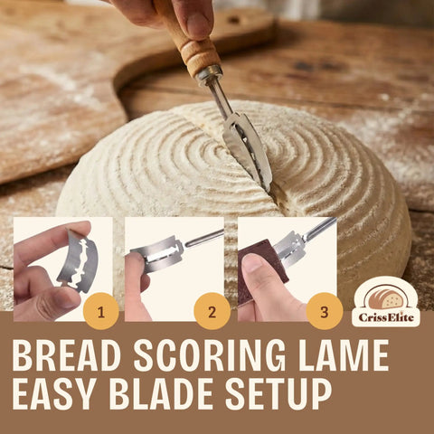 Ultimate Sourdough Starter Kit For Beginners with lame cutter scoring dough, bread making illustration steps
