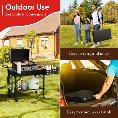 Portable Outdoor Grill Cart For Blackstone Griddle And Ninja Stand Foldable With Wheels, shown in use and stored