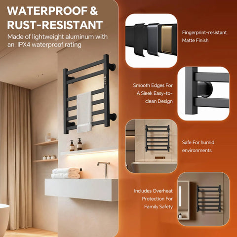 Image of Electric Towel Warmer Wall Mounted 6 Bar Heated Towel Rack with Smart Timer and Temperature Control, black aluminum, in bathroom.