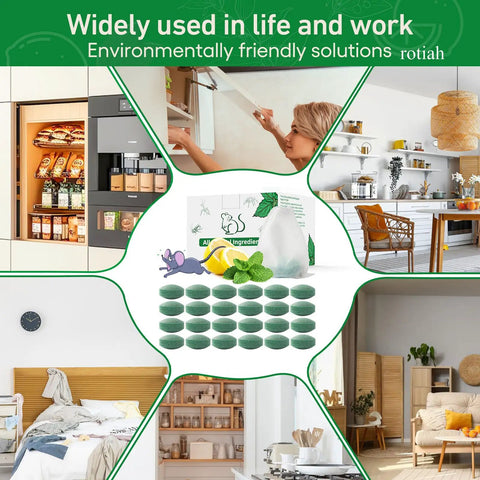 24 Pack Peppermint Oil Rodent Repellent Busts Mice Rats Spiders Roaches Squirrels Inside Out, mint scent discs displayed in various home settings.
