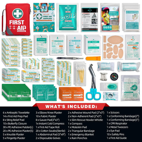 General Medi First Aid Kit in small red reflective bag with 175-piece contents for travel, home, office, vehicle.
