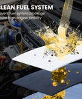 Oil being poured into engine with clean fuel system diagram showing filtration layers to prevent blockage in a car engine.