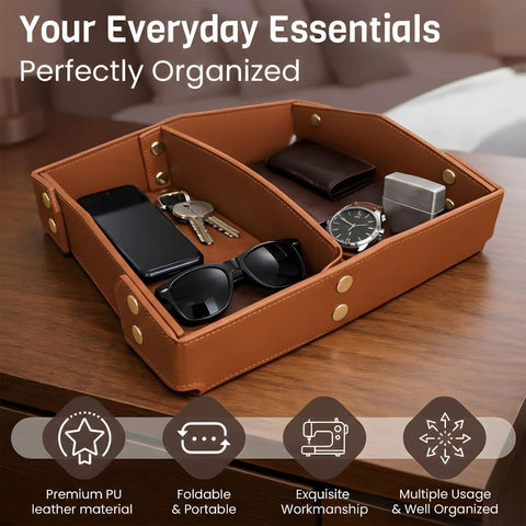 EDC Valet Tray Organizer In Saddle Tan With PU Leather Removable Divider On Desk With Keys, Phone, Sunglasses, and Watch