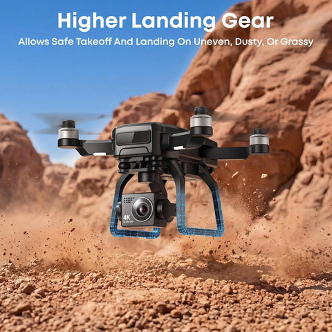 Pro Grade 4K Drone With 3 Axis Gimbal For Adults flying over rocky terrain, highlighting higher landing gear in action.