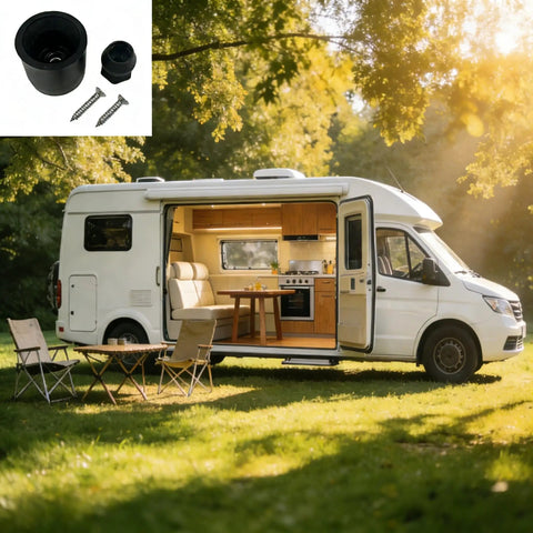 4 Piece Trailer Door Holder Kit With Low Profile Rubber Bumpers And Screws For RVs And Campers next to RV in scenic campsite