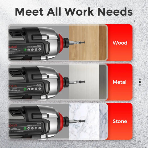 Cordless Impact Driver Set With 20V Brushless Power, 1550 In Lbs Max Torque, shown drilling wood, metal, stone
