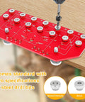 Image of 2 In 1 Shelf Pin And Hinge Jig With Self Contained Clamping For Concealed Cabinet Hardware Go To Precision Woodworking Drilling Positioning Tool Hinge Hole Template And Shelf Hole Locator For DIY Cabinet Making And Quick Install, showing red jig board with steel drill bits.