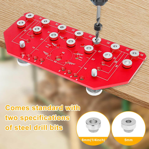 Image of 2 In 1 Shelf Pin And Hinge Jig With Self Contained Clamping For Concealed Cabinet Hardware Go To Precision Woodworking Drilling Positioning Tool Hinge Hole Template And Shelf Hole Locator For DIY Cabinet Making And Quick Install, showing red jig board with steel drill bits.