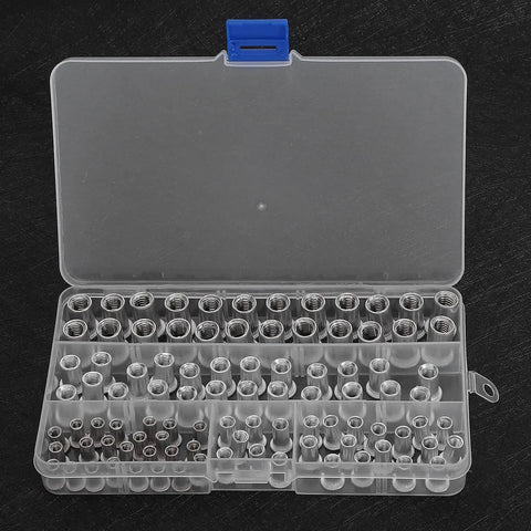 Top Shelf Rivet Nut Tool Kit With Built In Cutter And One Hundred M4 M8 Aluminum Rivnuts, organized in clear case.