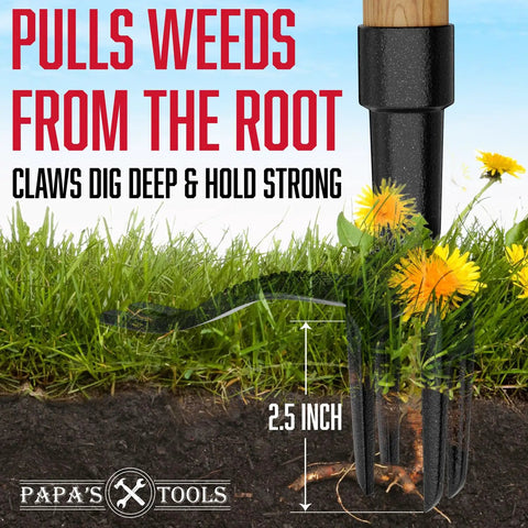 Stand Up Weed Puller Tool With Heavy Duty 4-Claw Steel Head And Solid Bamboo Handle, showing weed extraction in garden soil.