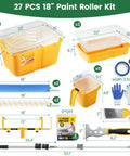 27 Pcs 18" Paint Roller Kit showing tools and accessories including trays, rollers, gloves, drop cloth, and an adjustable pole.