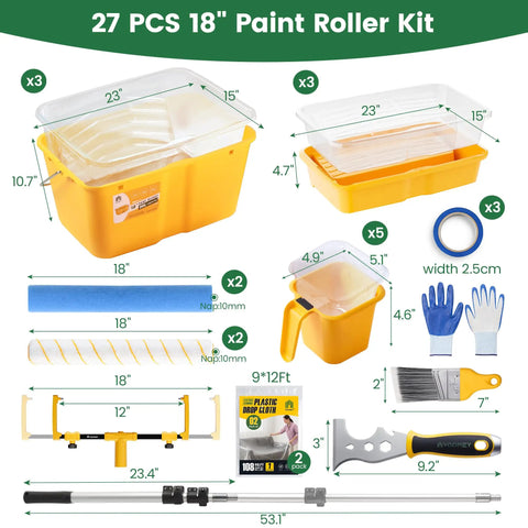 27 Pcs 18" Paint Roller Kit showing tools and accessories including trays, rollers, gloves, drop cloth, and an adjustable pole.