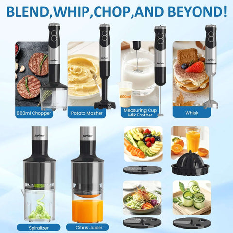 Total Beast 1000W Hand Blender With 12 Speed Immersion Tool And Turbo Function, chopper, masher, frother, spiralizer, and juicer set.