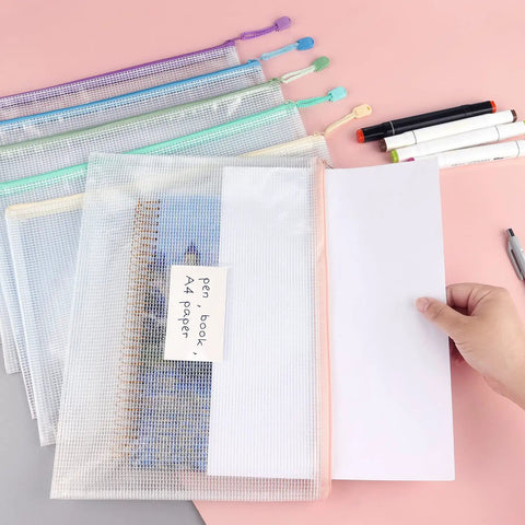 Six Pack Mesh Zipper Pouches With Label Pockets In Six Colors Pink Yellow Green Khaki Blue Purple shown with A4 paper