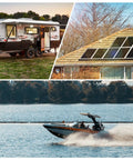 RV with solar panels, house with rooftop solar, and motorboat in water, using Beefy 12V 100Ah Gel Deep Cycle Battery With Built In 100A Smart BMS