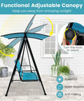 Outdoor Patio Swing For Two With Adjustable Canopy Heavy Duty Metal Frame shown with tilt function and sunproof features