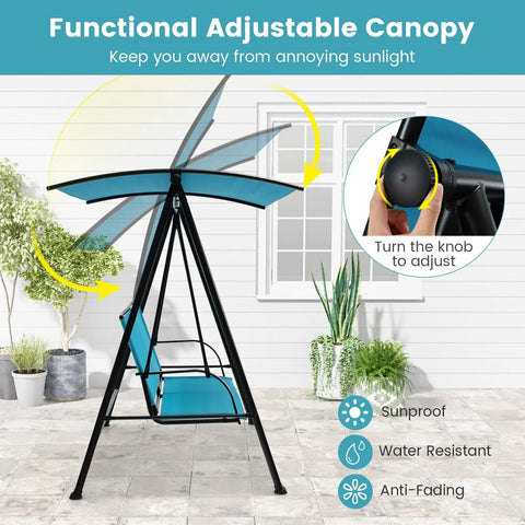 Outdoor Patio Swing For Two With Adjustable Canopy Heavy Duty Metal Frame shown with tilt function and sunproof features