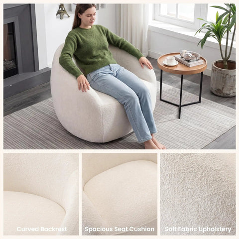 Woman sitting on White Boucle Swivel Chair With 360 Degree Base, Oversized Round Barrel Accent Chair For Living Room