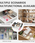 Image showing Clear Plastic Drawer Organizer Set, 6 Piece In Two Sizes For Makeup, Jewelry, Gadgets And More, non slip acrylic storage trays used in various scenarios: cosmetics, bathroom cabinet, stationery, and bathroom drawer storage.
