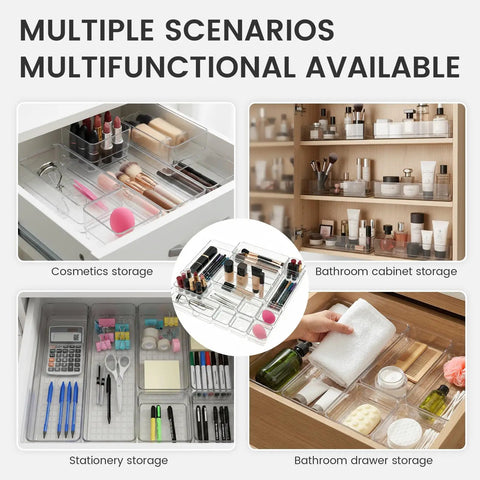 Image showing Clear Plastic Drawer Organizer Set, 6 Piece In Two Sizes For Makeup, Jewelry, Gadgets And More, non slip acrylic storage trays used in various scenarios: cosmetics, bathroom cabinet, stationery, and bathroom drawer storage.