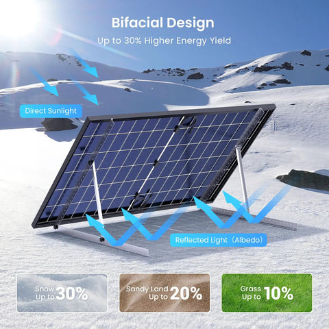 Bang For Buck Killer Energy 450W Bifacial Solar Panels 2 Pack, angled view on snowy ground, designed for high energy yield.