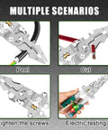 18 In 1 Foldable Wire Stripper with Voltage Detector demonstrating peeling, cutting, screw tightening, and electric testing.