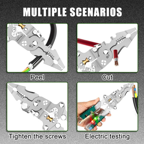 18 In 1 Foldable Wire Stripper with Voltage Detector demonstrating peeling, cutting, screw tightening, and electric testing.
