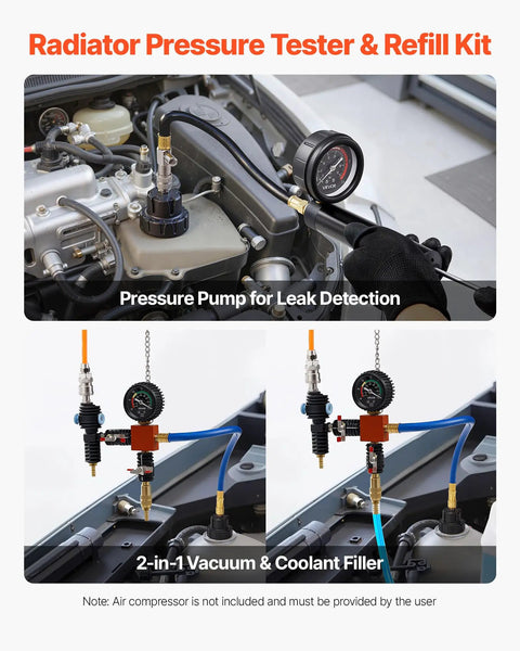 Shop Grade Radiator Coolant Pressure Tester Kit With Vacuum Refill Tool Universal Adapters in use for leak detection.