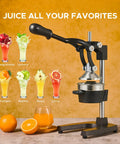Cast Iron Manual Citrus Juicer Heavy Duty Orange Press Professional Bar Quality Hand Squeezer next to fresh juice and fruits.