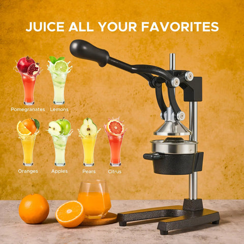 Cast Iron Manual Citrus Juicer Heavy Duty Orange Press Professional Bar Quality Hand Squeezer next to fresh juice and fruits.